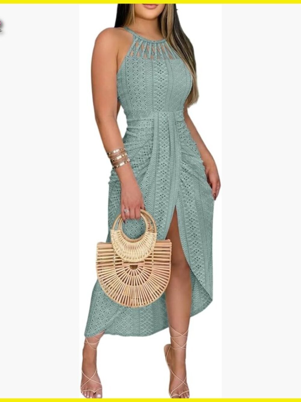 Halter Ruched Bodycon Maxi Dress Elegant Hollow Out Eyelet Embroidery Side Slit